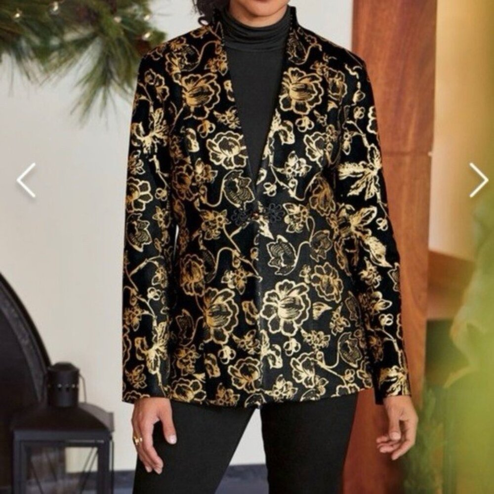 Soft Surroundings‎ Black Gold Jacquard Blazer Jacket Sz M Floral Boho Art Party